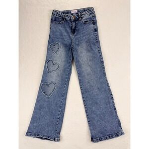 Denim Diva Girls‎ Size 12 Blue Heart Patch Wide Leg Jeans Sz M Acid Wash Stretch
